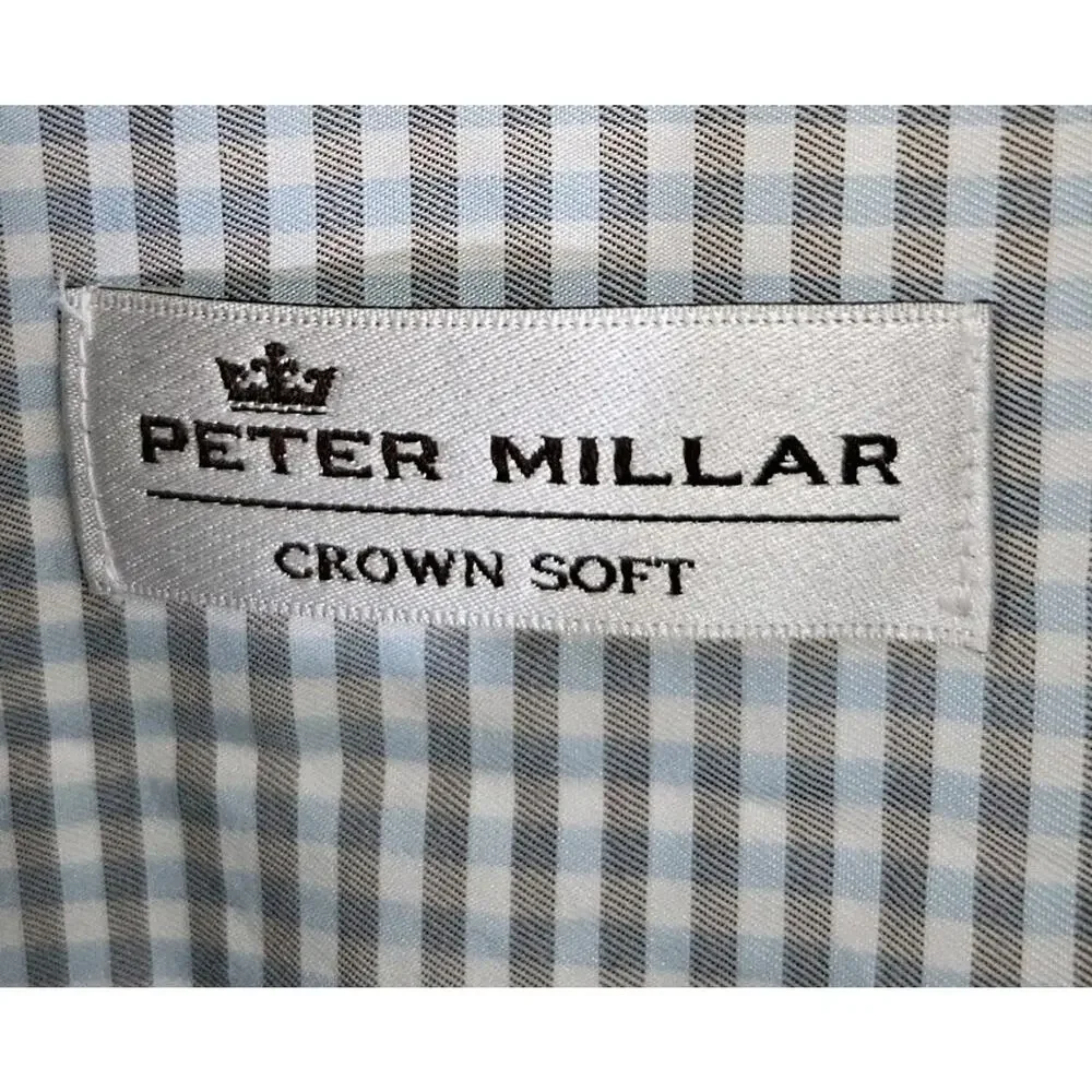 Peter Millar Crown Soft Blue Gray Plaid Long Sleeve Button Down Shirt Size Large